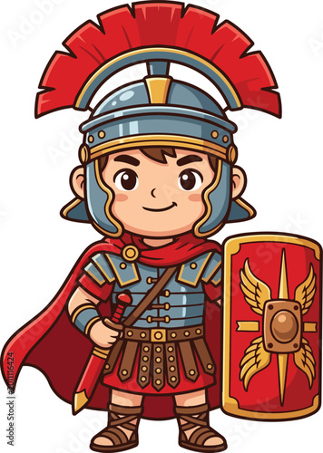 A cartoon illustration of a smiling Roman soldier standing with a shield and sword.