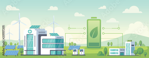 Clean energy landscape with solar panels wind turbines EV charging stations and battery storage supporting smart sustainable city infrastructure
