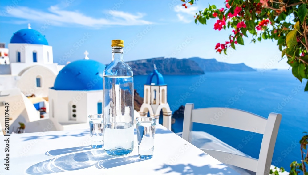 Obraz premium A stunning view of the white architecture in Oia village on Santorini island Greece features a traditional church against the blue Mediterranean sky during a beautiful summer vacation in Europe