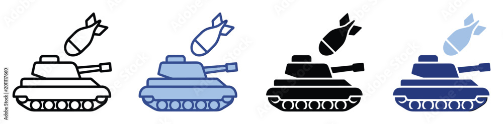 Fototapeta premium Military tank and falling bomb icon depicting war conflict and danger for graphic applications