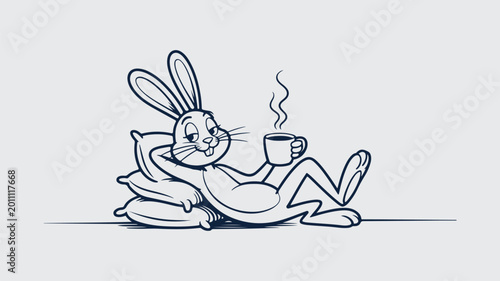 Cute Rabbit Drinking Coffee Cartoon Illustration – Relaxing Bunny Character Design