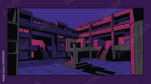Architectural Courtyard Interiors with Stairways and Balconies.