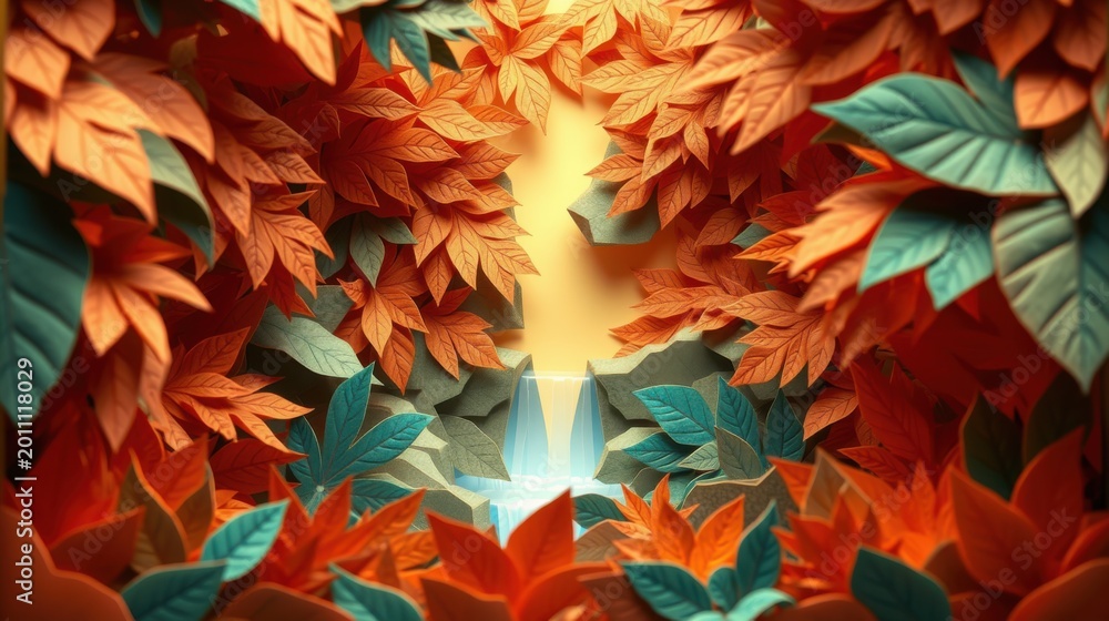 Fototapeta premium Paper foliage creates tunnel effect. Warm orange contrasts cool teal. Light source visible center, dramatic shadows present.