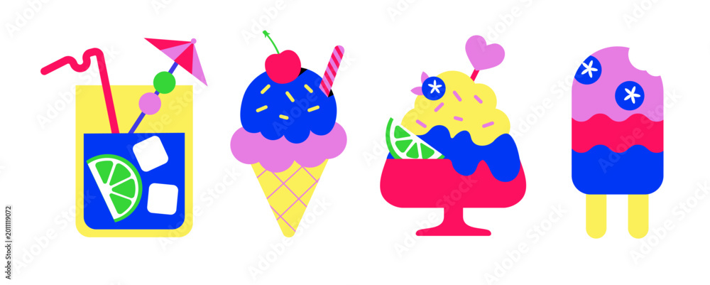 Fototapeta premium Colorful Summer Dessert and Drink illustration Set, Cute Ice Cream, Popsicle, and Cocktail Collection in Flat Cartoon Style