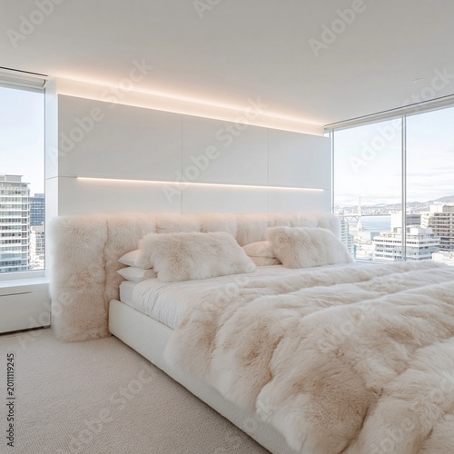 Bedroom interior features a minimalist white aesthetic with a plush fur-covered bed frame, clean architectural lines, and panoramic windows that reveal a bright urban cityscape in the distance.