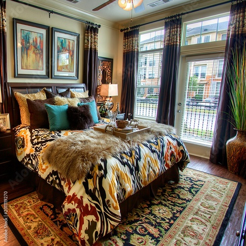 Bedroom displays a vibrant patterned quilt, turquoise accent pillows, and framed artwork on the walls, creating a cozy and colorful living space that overlooks an urban street through a window.