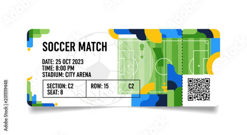 Soccer Match Ticket with Colorful Design and Event Details.
