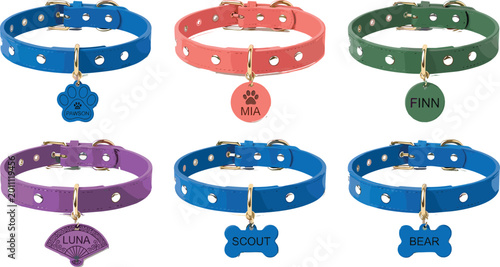 Foto Illustration Set of Colorful Pet Collars with Personalized Tags for Animal Acces