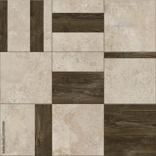 Modern seamless geometric pattern with natural textures: marble, wood, stone, cement, terrazzo. Ideal for interior design, wallpaper, packaging, textiles, tiles, and parquet flooring.