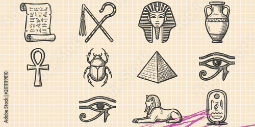 Foto Black ink scribble doodle vector vintage hand drawn set of ancient egypt history