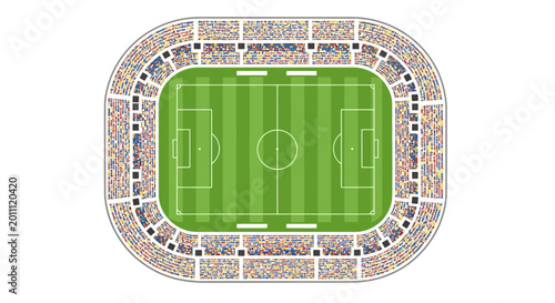 Aerial View of a Large Soccer Stadium with Green Field and Seating.