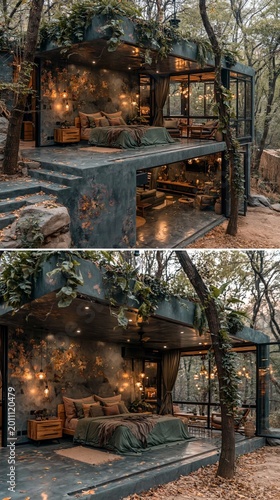 Bedroom interior design features a modern glass structure nestled within a dense forest canopy at night, illuminated by warm ambient lighting that highlights the luxurious and cozy bedding.