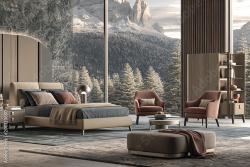 Bedroom interior showcases a contemporary design with a large bed, plush armchairs, and a soft ottoman positioned in front of a massive glass wall overlooking a scenic snowy mountain landscape.