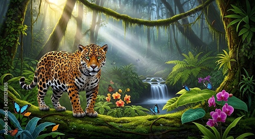 Jaguar standing on a mossy branch in a lush tropical jungle with waterfall
