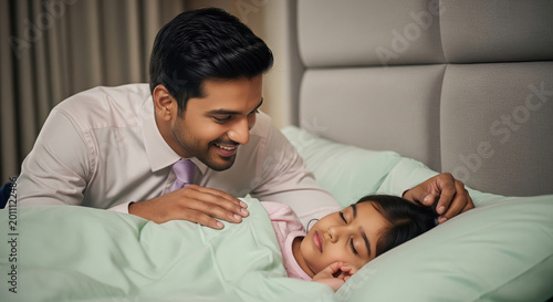 A caring father gently watching over his sleeping daughter, expressing love, protection, and family bonding.