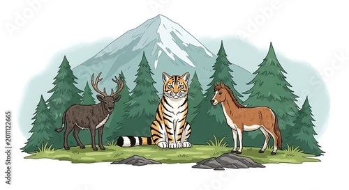 Tiger deer and horse standing in a forest with a mountain in the background