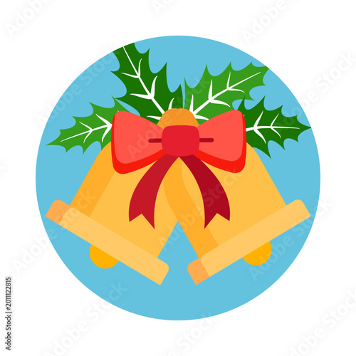 Two golden Christmas bells adorned with a red bow and green holly leaves.