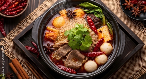 Spicy sichuan hot pot with meatballs tofu and chili peppers