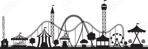 Black amusement park skyline silhouette featuring roller coaster and ferris wheel over transparent background for carnival fun.