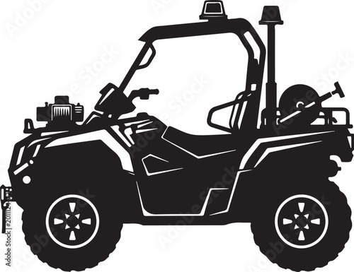 Black ATV, off-road vehicle, side view, silhouette illustration, utility task vehicle
