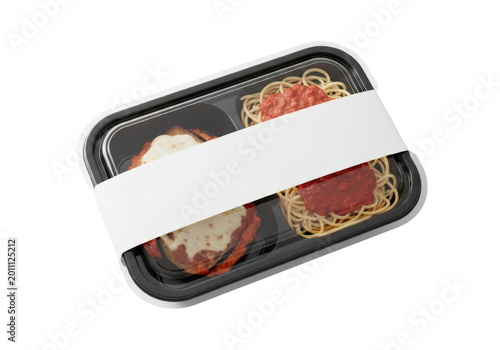 Takeout Meal Tray with Spaghetti and Chicken Parmesan, Isolated on Transparent Background