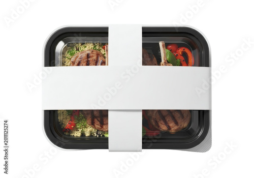 Ready-to-eat meal in a black plastic container with a white band, grilled steak and vegetables, isolated on transparent background