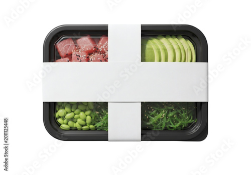 Poke Bowl Takeaway Container with Tuna, Avocado, Edamame and Seaweed Salad - Isolated on Transparent Background