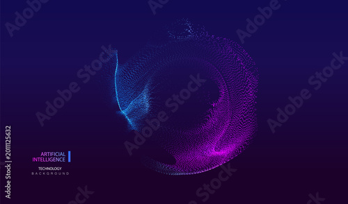 AI Technology purple particles banner. Dots explosion ai big data neon round background. Artificial Intelligence futuristic splash circle connecting design.