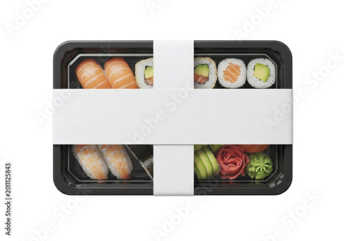 Takeaway sushi box with salmon nigiri, avocado rolls, shrimp nigiri, pickled ginger and wasabi on a white band, isolated on transparent background