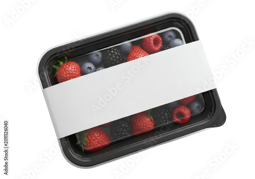 Assorted Berries in Clear Plastic Container with White Label on Transparent Background