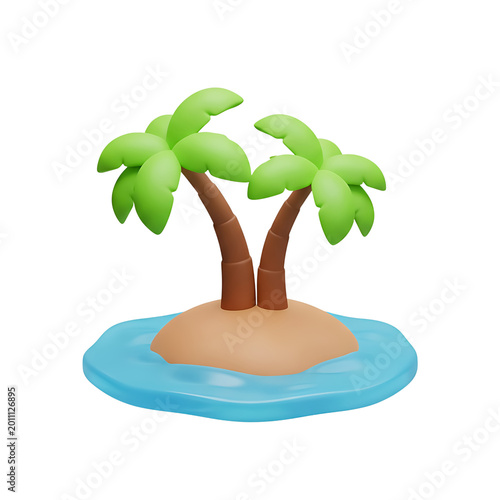 3d render of tropical island with palm trees and blue ocean water on isolated transparent background.