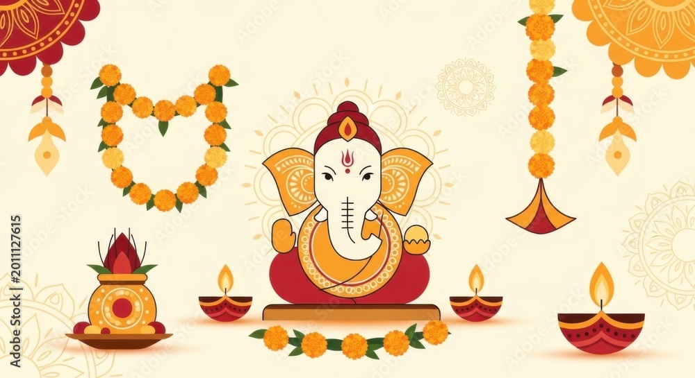 Fototapeta premium Festive Lord Ganesha idol with marigold garlands and oil lamps background