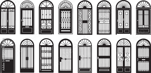 Obraz na plátně Collection of various vintage arched entrance doors with wrought iron patterns isolated on transparent background for home decor