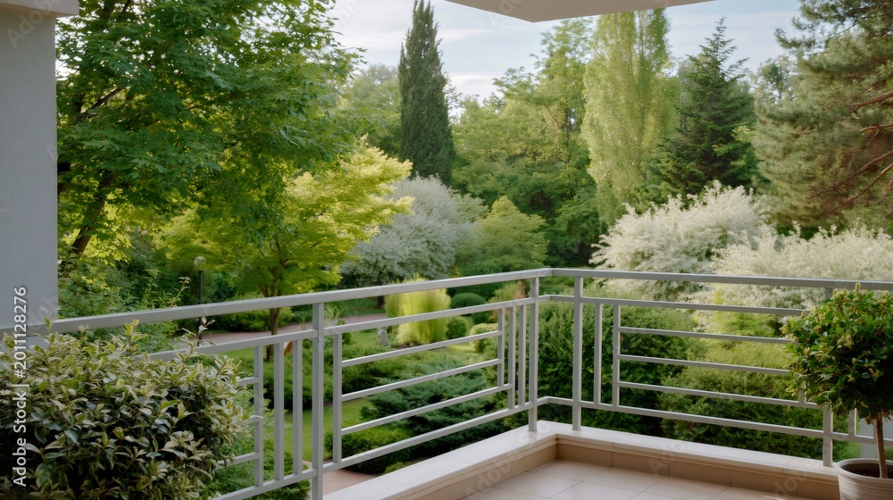Naklejka premium Balcony view overlooking a green garden park
