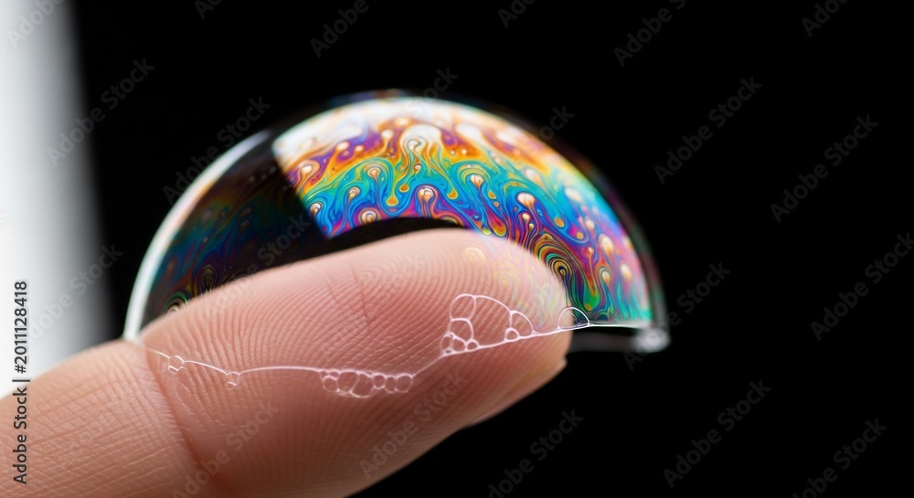 Fototapeta premium Iridescent Soap Bubble Resting on Fingertip Against Dark Background