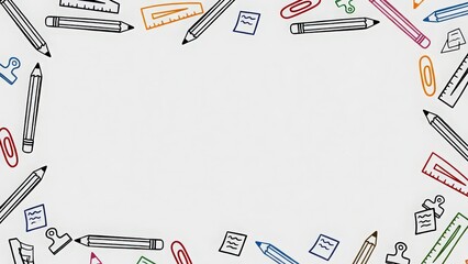 Hand drawn torn notebook paper border with colorful doodles and tape corners, playful scrapbook style frame isolated on white background.