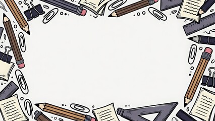 Hand drawn torn notebook paper border with colorful doodles and tape corners, playful scrapbook style frame isolated on white background.