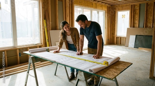 Young couple planning home renovation with blueprints in bright unfinished house