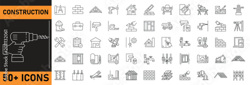 Tableau sur toile Construction line icons collection, building materials site tools and engineerin