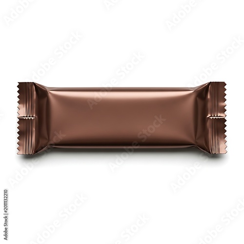 A chocolate-covered rectangular snack bar wrapped in shiny brown foil packaging.