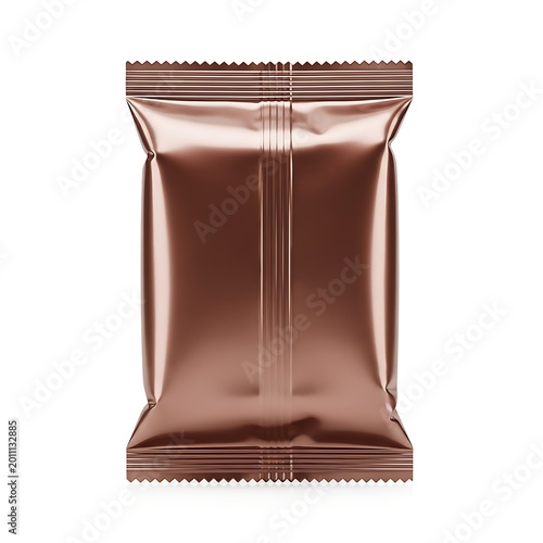 Shiny brown foil wrapped chocolate or candy bar packaging standing upright