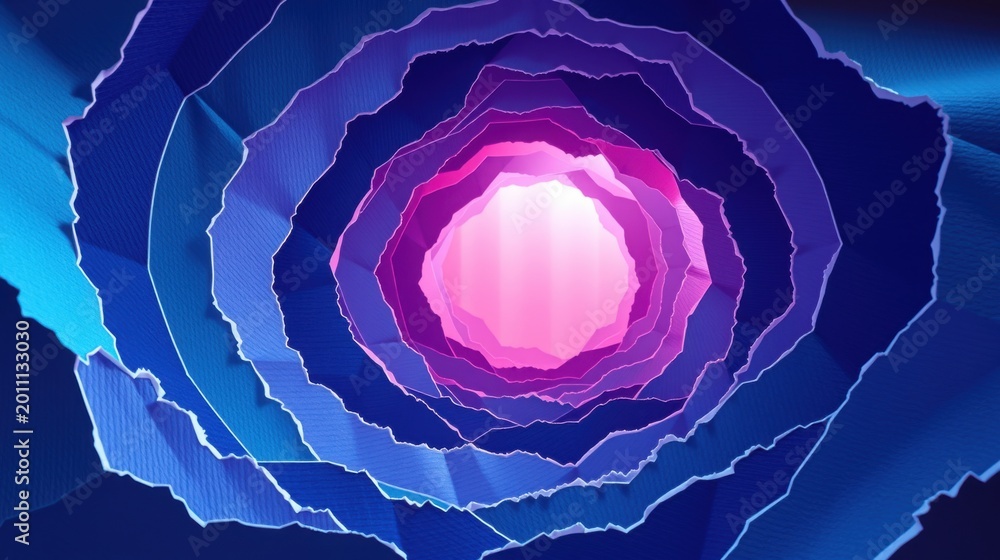 Fototapeta premium Abstract polygonal tunnel. Vivid blues, purples, pinks create depth. Light radiates from central point, forming mesmerizing pattern.