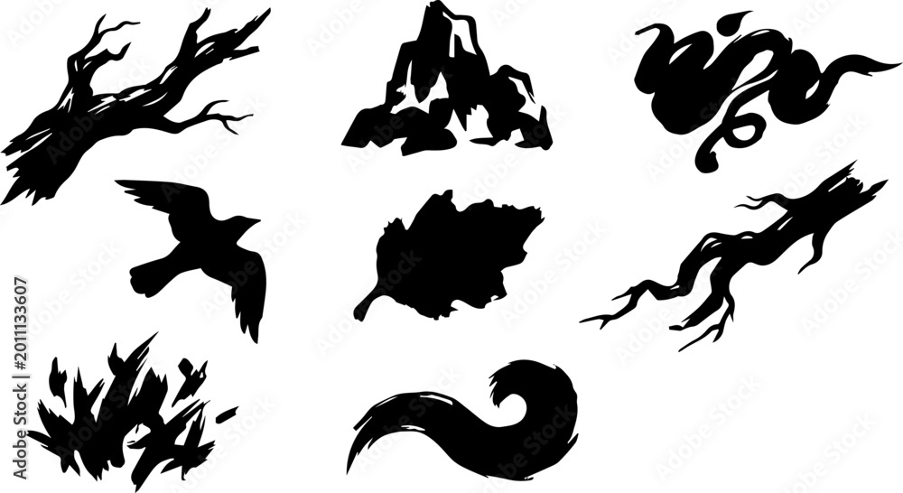 Fototapeta premium Black silhouettes of nature elements and abstract shapes on white background