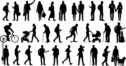 Bild auf Leinwand Silhouettes of diverse people in urban street settings, engaged in various activ