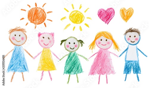 Kids drawing, children color pencil naive doodle set, Kindergarten funny wax crayon sketch