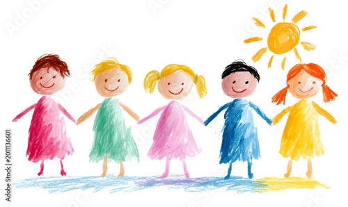Kids drawing, children color pencil naive doodle set, Kindergarten funny wax crayon sketch