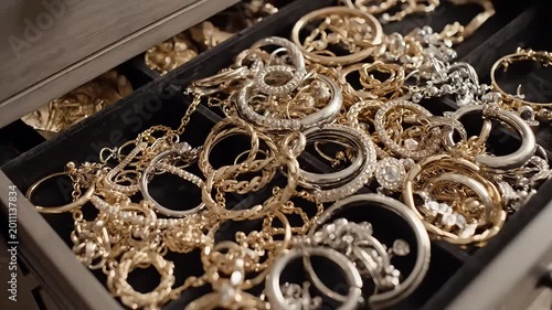 Open jewelry drawer filled with gold and silver earrings and rings