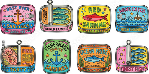 Vintage Canned Sardine and Seafood Label Set with Retro Nautical Illustrations
