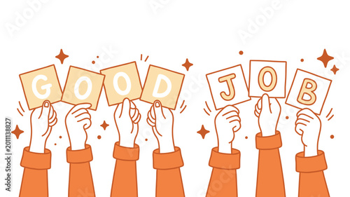 Fotografi Hands holding good job cards vector orange outline appreciation banner employee