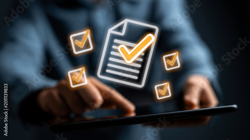 Online document validation checklist quality assessment digital audit business compliance data review workflow control tablet hand